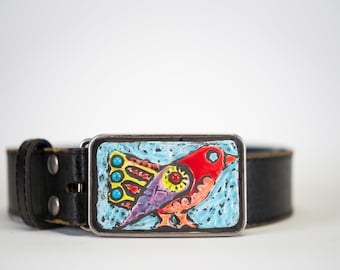 Handmade Clay Tile Belt Buckle, Optional Leather Belt: Pretty Bird (MADE to ORDER)