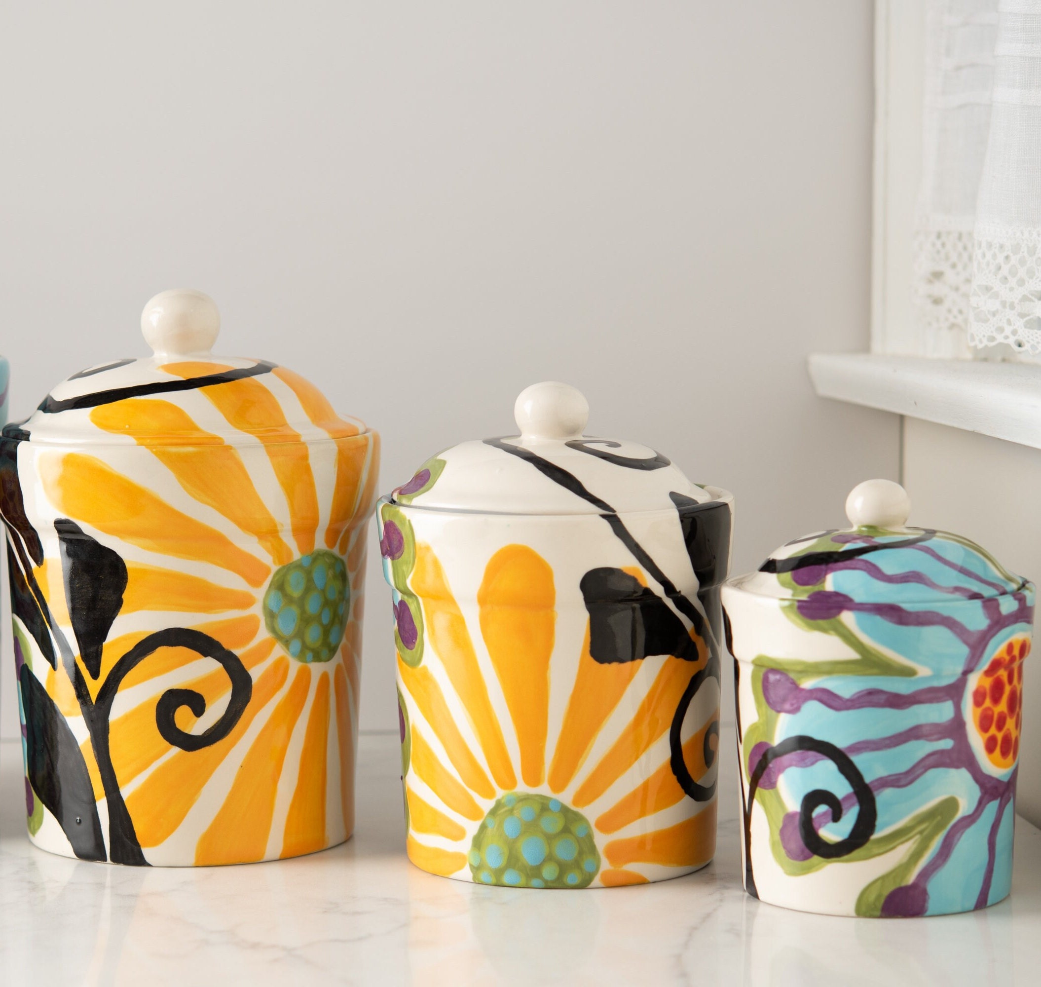 Ceramic Kitchen Canister Set of 3 in Boho Blossoms Pattern | Etsy