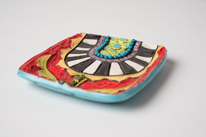 Cropped Blossom on Red READY to SHIP Hand Carved Ceramic Ring Dish with Turquoise and Peridot Mosaic Accents