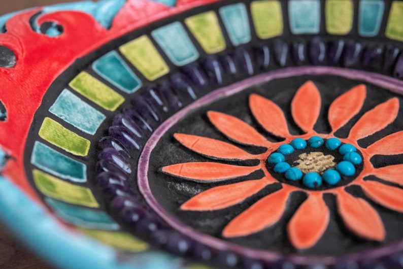 Small Footed Trinket Dish with Handles, Hand-built and Hand-carved Ceramic and Mosaic Art Bowl Suzani Flower MADE to ORDER image 4