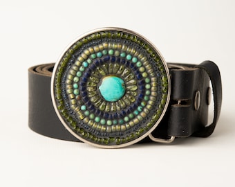 Turquoise Belt Buckle, MADE to ORDER with Optional Leather Belt, Round Buckle