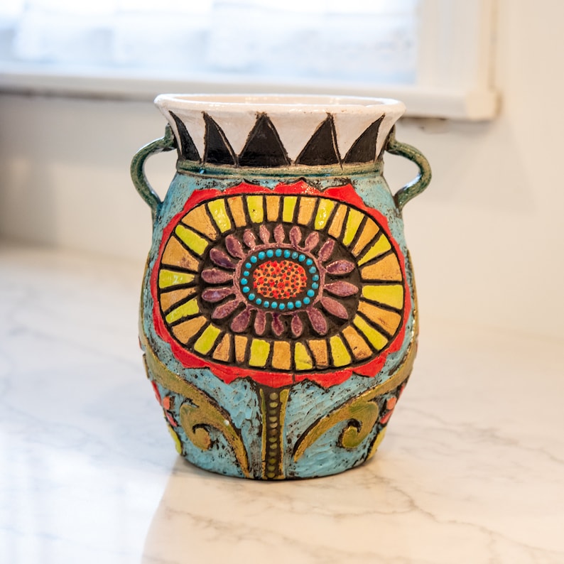 Vase for Flowers, Hand Thrown and Hand Carved Ceramic and Mosaic Vase MADE to ORDER Bold Blossom image 2
