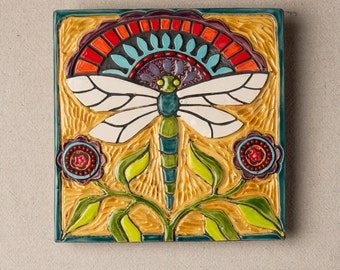 Majestic Dragonfly, Mounted Handmade Tile Ceramic and Mosaic Wall Art, 8 inch Square Tile, MADE to ORDER