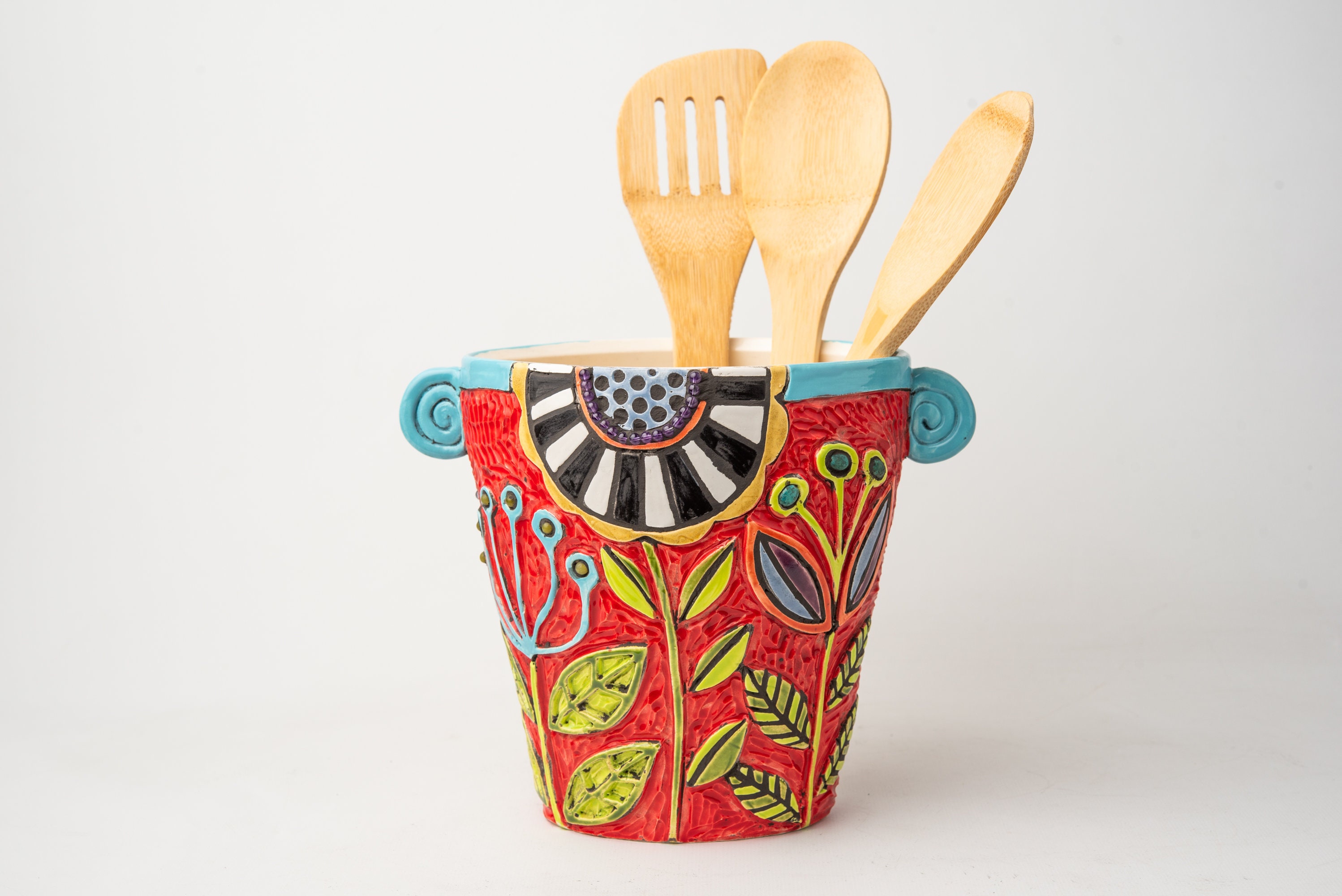 Utensil Holder Handmade Ceramic Mosaic Vase Made To Order Red Sky