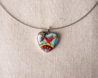 Ceramic Heart Necklace in Gift Pouch - READY to SHIP - Little Bird