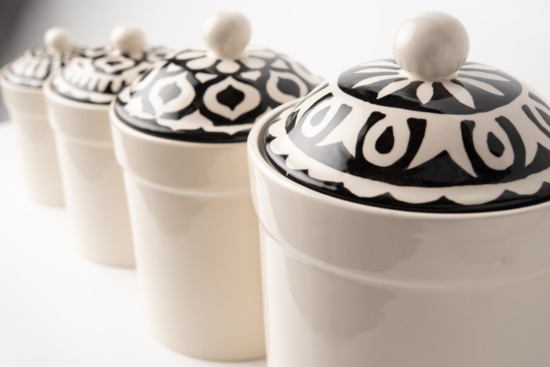 Black and White Ceramic Kitchen Canister Set Arabesque Lid Etsy