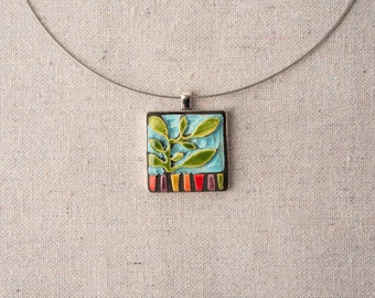 Ceramic Pendant Necklace for Women - READY to SHIP - Ceramic Jewelry, Colorful Necklaces for Women - Green Vine Geo