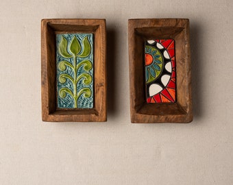 Ceramic Wall Art (one - choose from two) Handmade Tiles Framed - MADE to ORDER - Rectangle Dough Bowl - Green Lotus / Sunburst