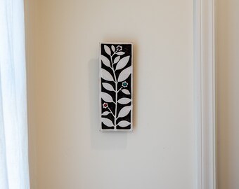 Black and White Wall Art, Vertical or Horizontal, Ceramic and Mosaic Art - Farmhouse Flowers Stick Mini Mounted Wall Art - READY to SHIP