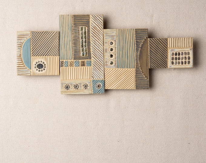 Featured listing image: City Scape Ceramic and Mosaic Wall Art Set of 4 - Multiple Options for Arranging - MADE to ORDER - City Scape