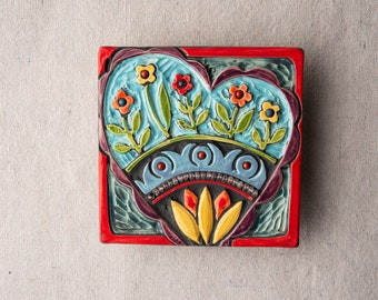 Happy Heart Handmade Ceramic and Mosaic Tile Mounted Square Wall Art MADE to ORDER by Romy and Clare