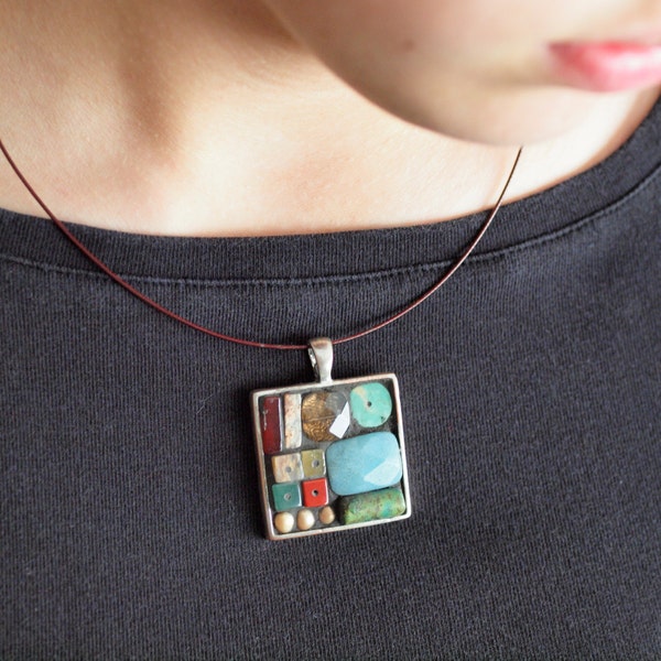 Mosaic Necklace in Gift Pouch, Geometric Pendant Necklace, Colorful Turquoise, Coral, Semiprecious Stone, MADE to ORDER