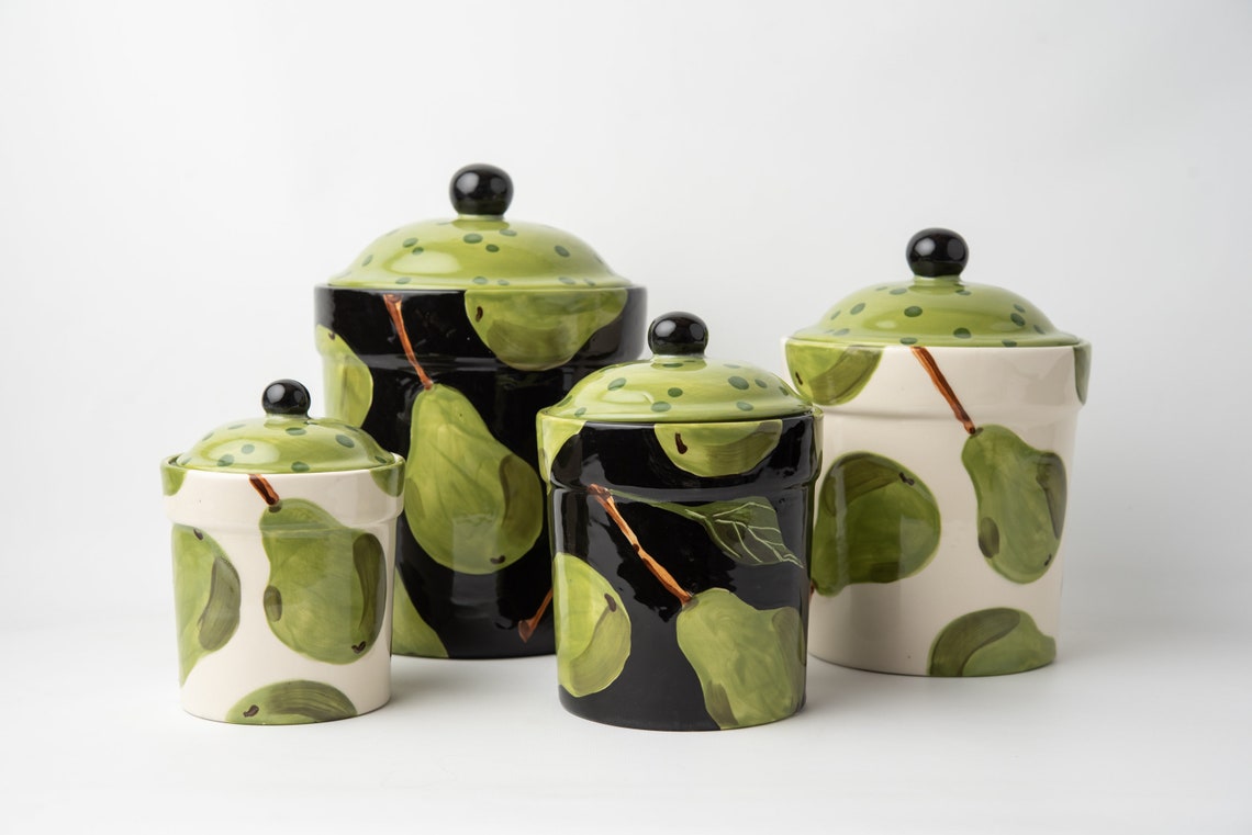 Ceramic Kitchen Canister Set in Green Pear Black and White Etsy