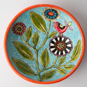 Red Bird Hand Carved Art Bowl Stoneware Ceramic and Mosaic Decorative Bowl MADE to ORDER by Romy and Clare image 2