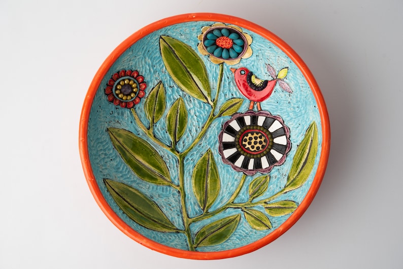 Red Bird Hand Carved Art Bowl Stoneware Ceramic and Mosaic Decorative Bowl MADE to ORDER by Romy and Clare image 2