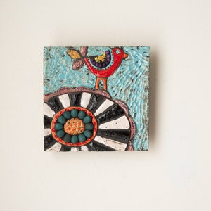 Red Bird on Blossom Handmade Ceramic and Mosaic Tile Mounted Square Wall Art MADE to ORDER by Romy and Clare