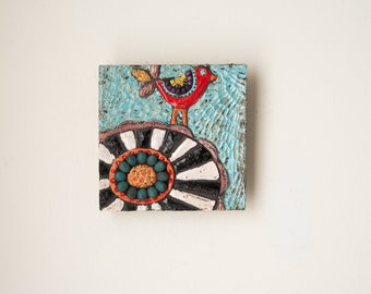 Red Bird on Blossom Handmade Ceramic and Mosaic Tile Mounted Square Wall Art MADE to ORDER by Romy and Clare