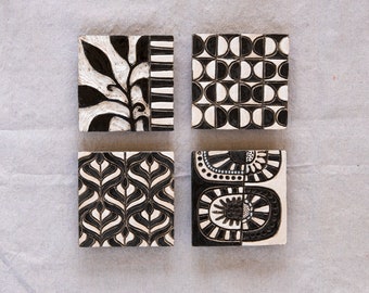 Ceramic Wall Sculpture Set of 4, Mounted Square Wall Art Set - Black and White Modern Motifs: Global Folk - MADE to ORDER by Romy and Clare