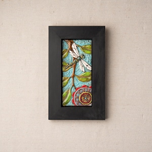 Tile Wall Art, Mosaic Art in Wood Frame Dragonfly Colorful Flowers and Semiprecious Stones, Vertical or Horizontal, MADE to ORDER image 1