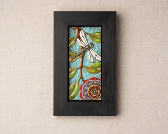 Tile Wall Art, Mosaic Art in Wood Frame - Dragonfly - Colorful Flowers and Semiprecious Stones, Vertical or Horizontal, MADE to ORDER