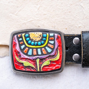 Handmade Ceramic Belt Buckle, Floral Mosaic, Optional Leather Belt (MADE to ORDER)