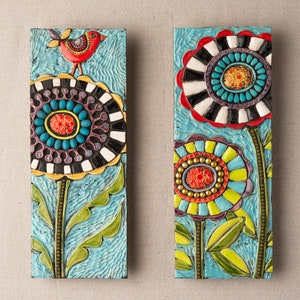 Wall Art Pair, Set of 2 Ceramic and Mosaic Wall Art - Stick Mini - MADE to ORDER Mounted Wall Art - Happy Spot / Two Blossoms in Blue Sky