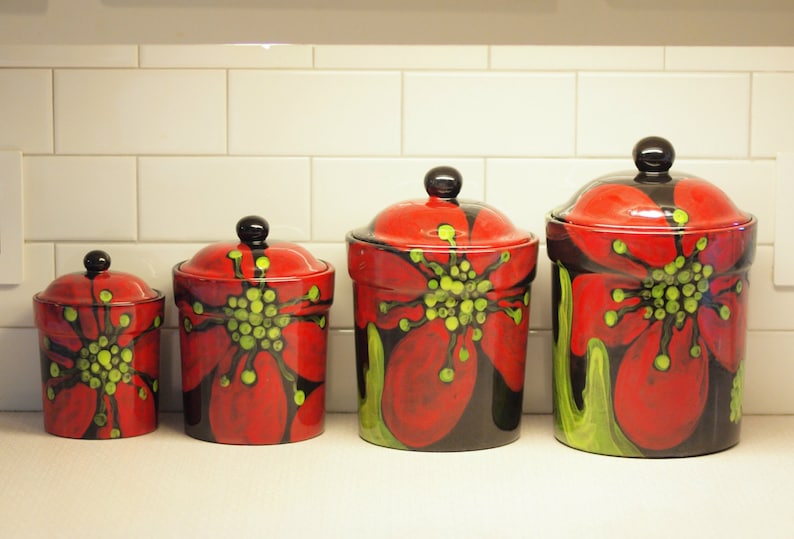 Canister Set for Kitchen Red Poppy Ceramic Canister Set of ...
