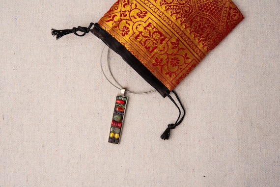 Simple Necklace in Gift Pouch, Mosaic Pendant, Turquoise, Coral and Semiprecious Stone Jewelry