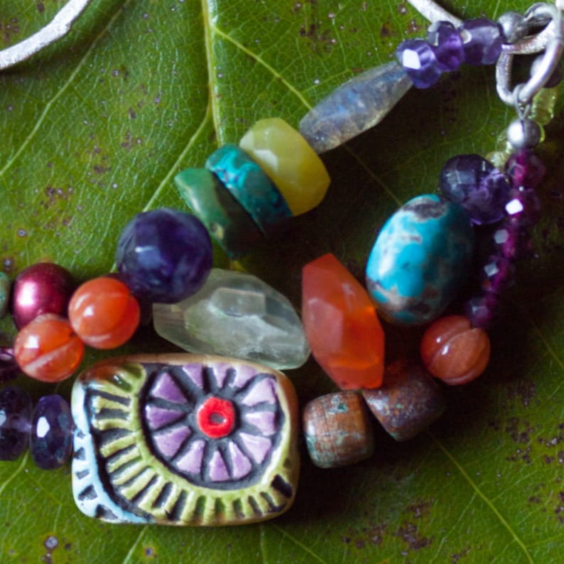 Chunky Bracelet with Handmade Tile and Semiprecious Stones Boho Bracelet READY to SHIP