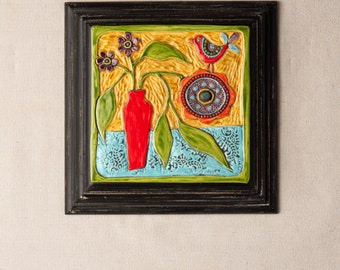 Still Life with Red Vase - Ceramic and Mosaic Wall Art  - READY to SHIP Original Art by Romy and Clare