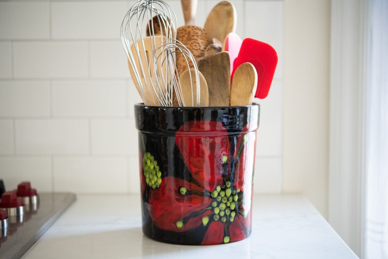 Utensil Crock Red Poppy Ceramic Utensil Holder XL Kitchen Etsy