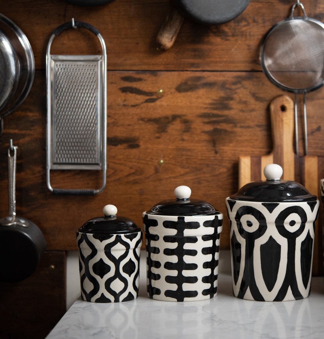 Modern Farmhouse Ceramic Kitchen Canister Set Black and White - Etsy