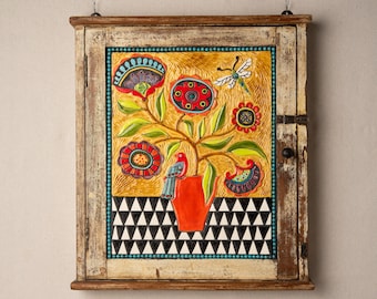 Small Wall Cabinet, Key Cabinet - READY to SHIP - Keepsake Cabinet for Wall with Ceramic & Mosaic Art - Still Life with Orange Vase