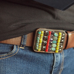 Men&#39;s Mosaic Belt Buckle with Turquoise & Semi Precious Stones, Unisex, Optional Leather Belt, MADE to ORDER