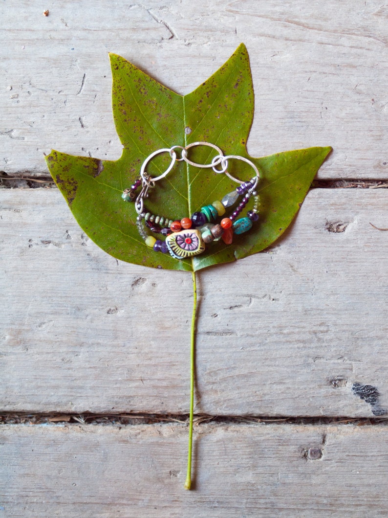 Chunky Bracelet with Handmade Tile and Semiprecious Stones Boho Bracelet READY to SHIP