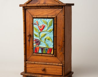 Keepsake Box - READY to SHIP - Keepsake Cabinet for Wall with Ceramic and Semiprecious Stone Mosaic Art - Faux Bamboo