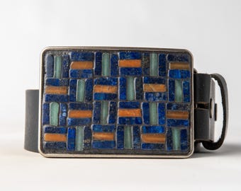 Lapis Lazuli Mosaic Belt Buckle with Leather Belt, Unisex