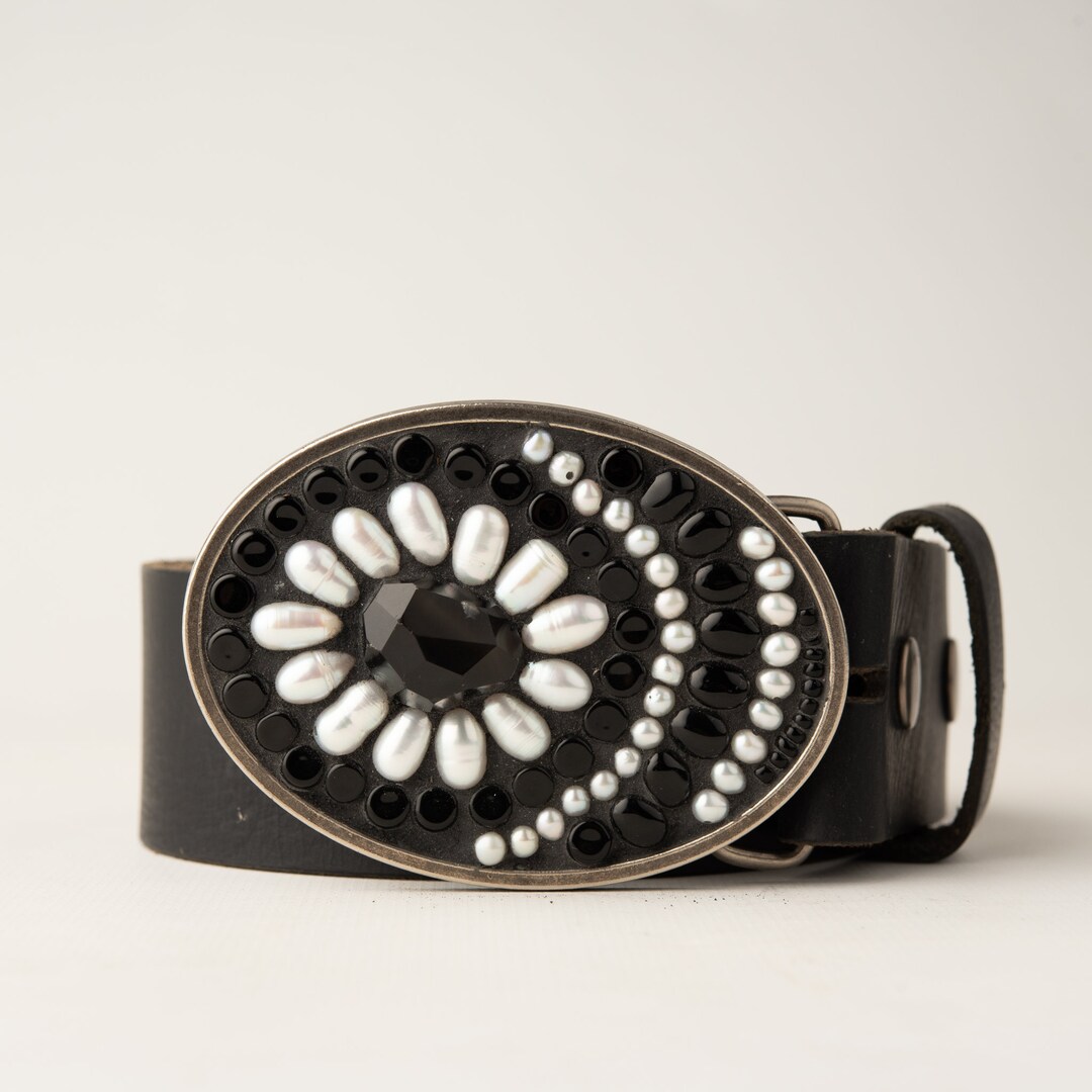Mosaic Belt Buckle, Onyx & Pearl, Black Leather Belt - Etsy display picture 3