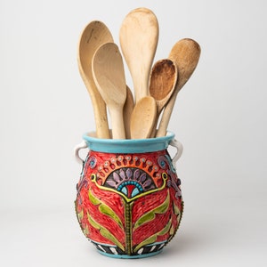 Blossom Queen - Hand Carved Kitchen Utensil Holder - Stoneware Ceramic and Mosaic Jar - READY to SHIP