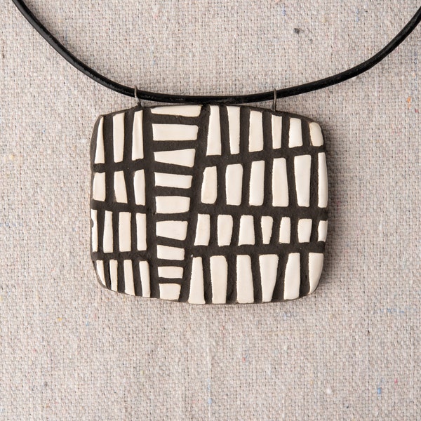 Pendant Necklace for Women, Black and White - MADE to ORDER, Ceramic Tile Necklace on Leather Necklace