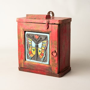 Keepsake Box with Handmade Ceramic Tile Art, READY to SHIP Repurposed Vintage Wood Box with Door - Butterfly