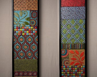 Handmade Ceramic Mosaic Wall Art: Green Vine & Coral Vine, Set of Two