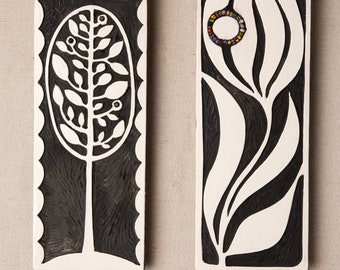 Tree of Life / Tulip (choose from 2) Vertical Wall Art, Black and White, Handmade Ceramic Tile Mounted Wall Art - Stick Mini - MADE to ORDER