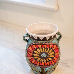 Vase for Flowers, Hand Thrown and Hand Carved Ceramic and Mosaic Vase MADE to ORDER Bold Blossom image 4
