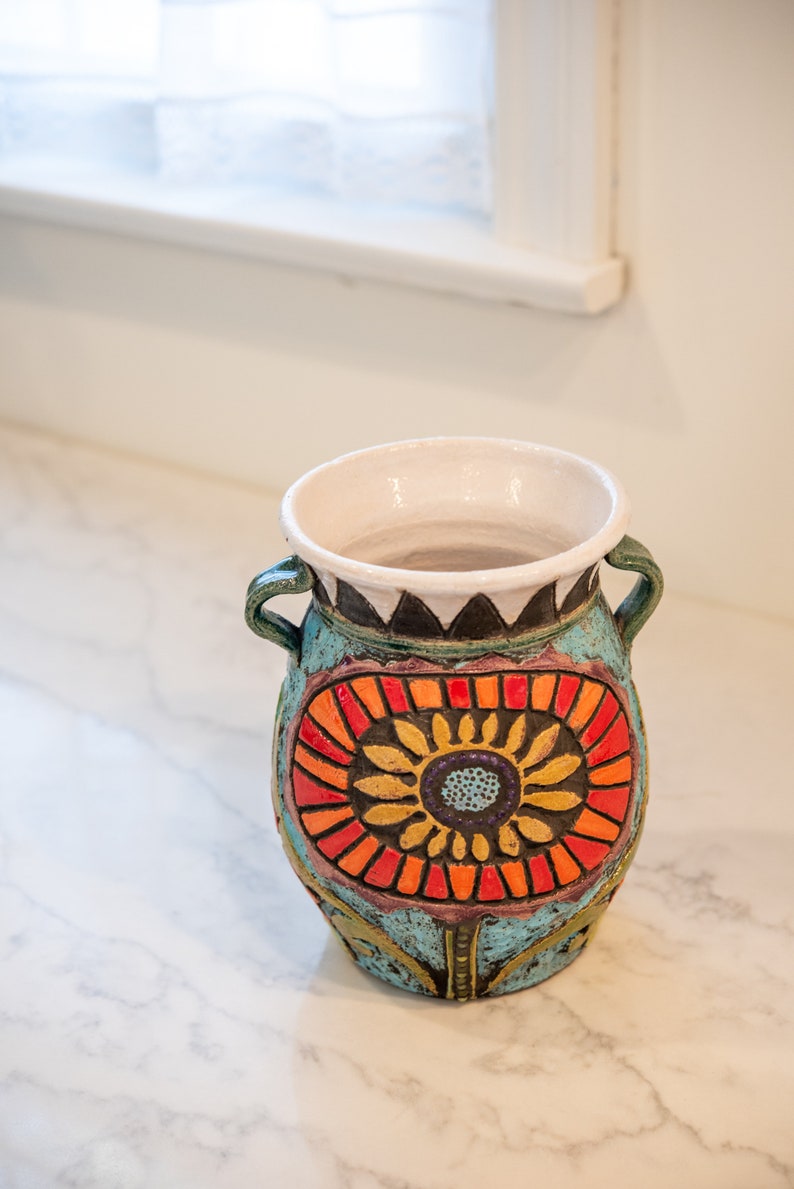 Vase for Flowers, Hand Thrown and Hand Carved Ceramic and Mosaic Vase MADE to ORDER Bold Blossom image 4