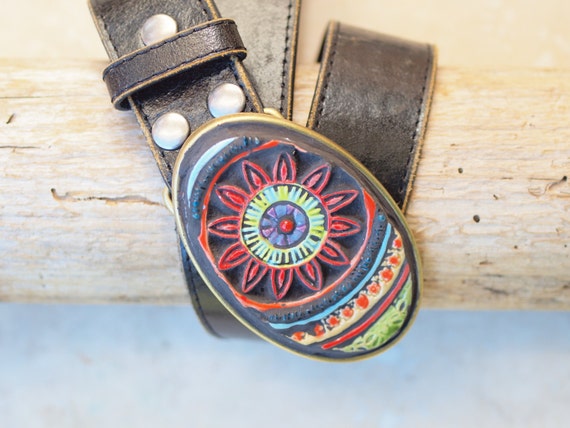 Boho Belt Buckle Ceramic Tile and Coral, Statement Belt  display picture 1