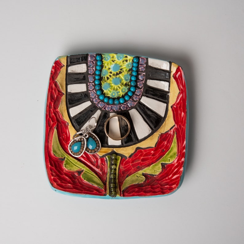 Cropped Blossom on Red READY to SHIP Hand Carved Ceramic Ring Dish with Turquoise and Peridot Mosaic Accents