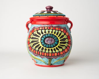 Kitchen Canister - Hand Carved Ceramic and Mosaic Jar - MADE to ORDER by Romy and Clare - Bold Blossom with Lid