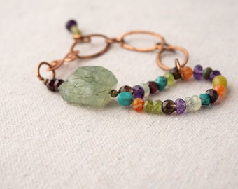 Indie Bracelet with Chunky Semiprecious Stone Loop and Copper Chain Link, Adjustable, READY TO SHIP