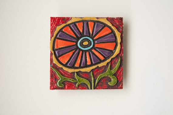 Petunia Handmade Ceramic and Mosaic Tile Mounted Square Wall Art MADE to ORDER by Romy and Clare